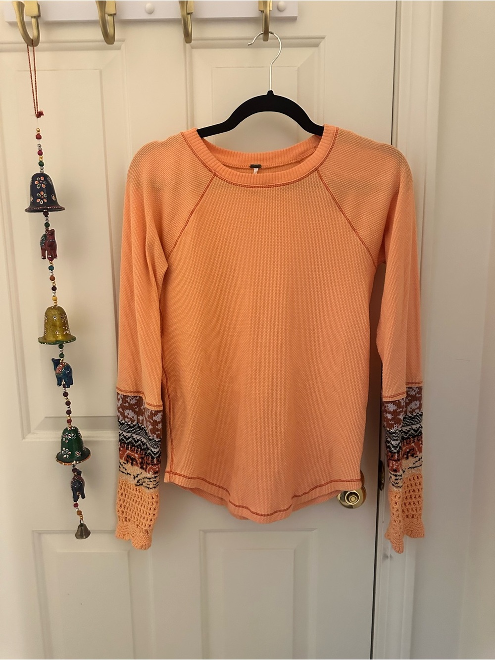 Free People Peach Orange Thermal Pullover with Patterned Crochet Cuffs